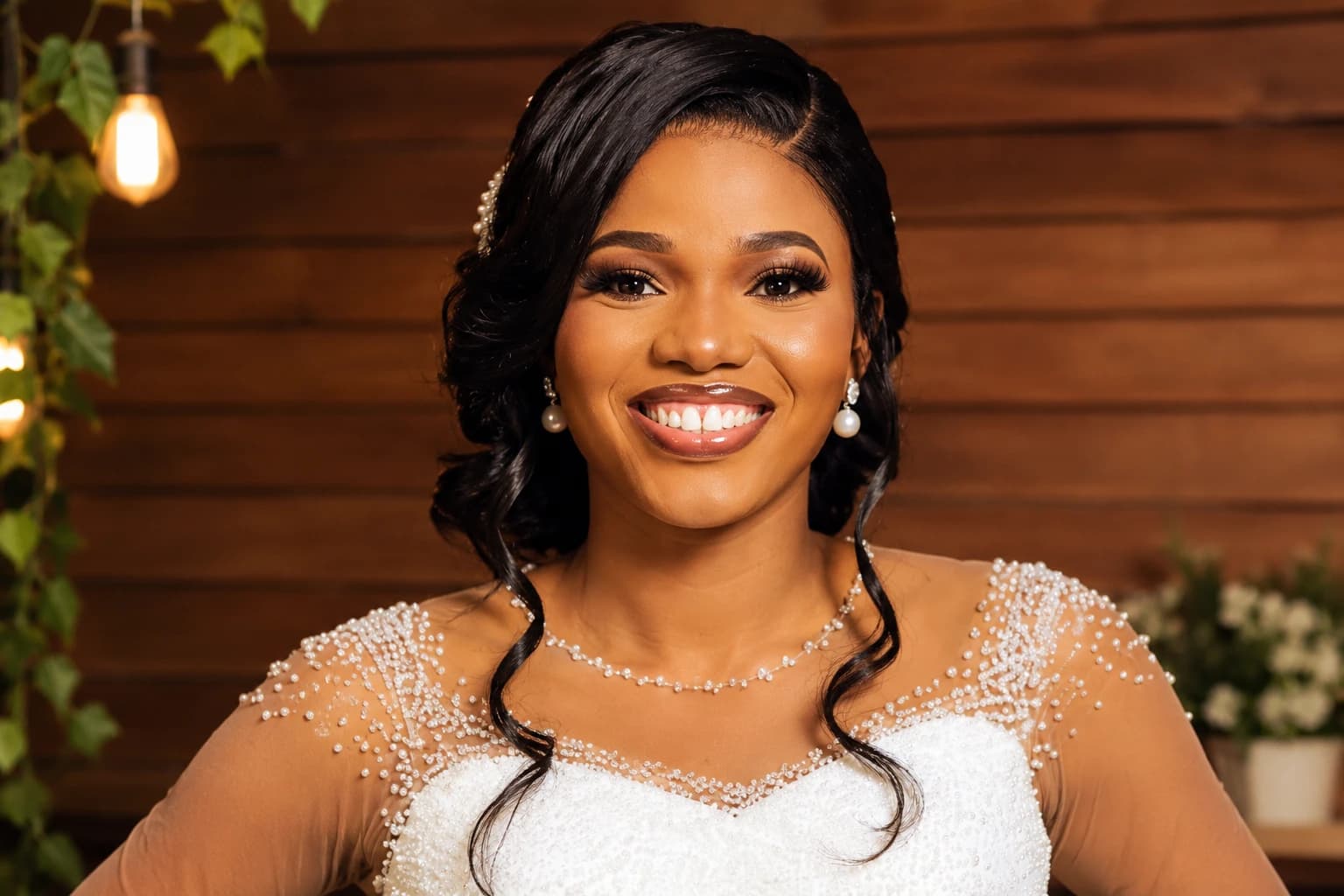 Smiling bride with soft curls and pearl earrings